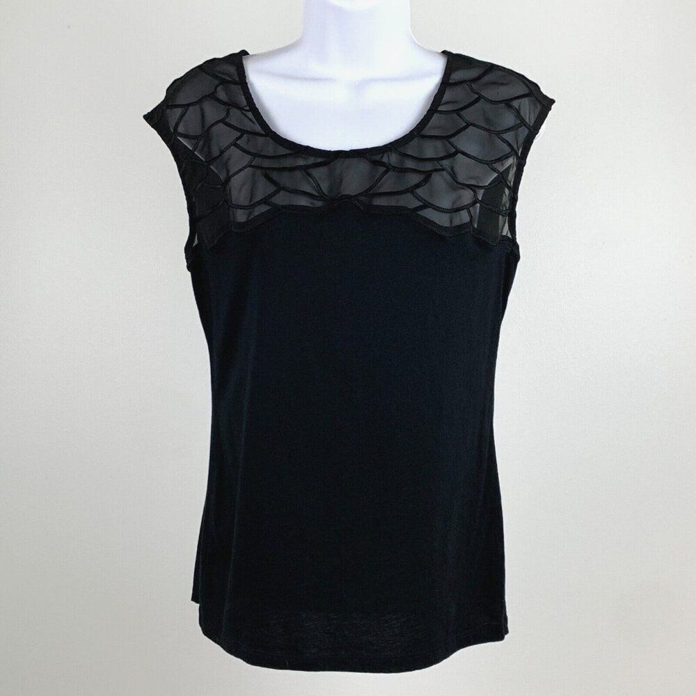 Ann Taylor Top sz M Black Sleeveless Semi Sheer Scalloped Design Lightweight